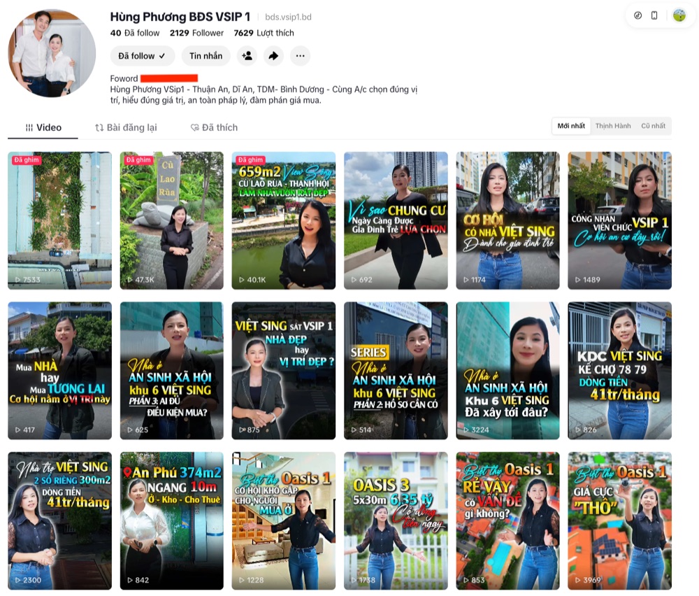Kênh TikTok Hùng Phương BĐS VSIP 1 - 2K follower