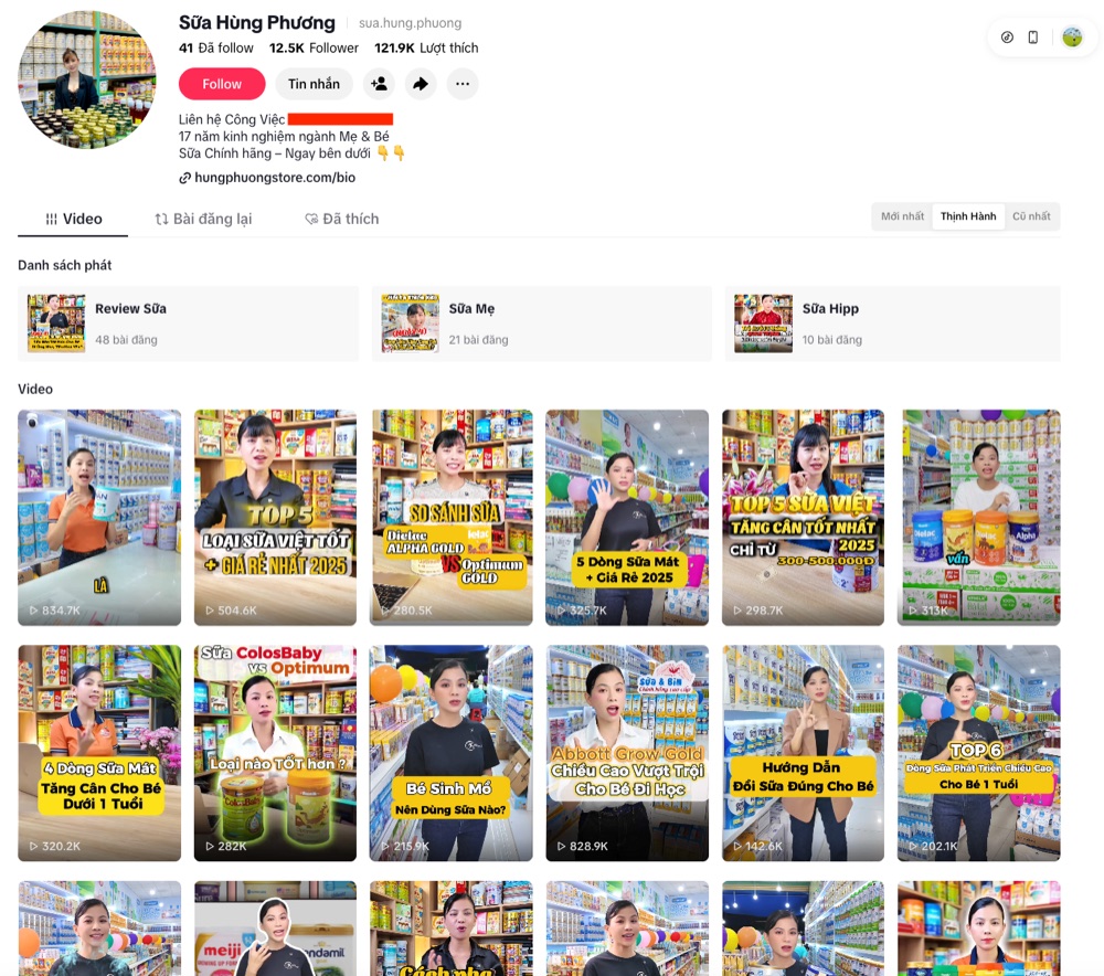 Kênh TikTok Sữa Hùng Phương - 12.5K follower